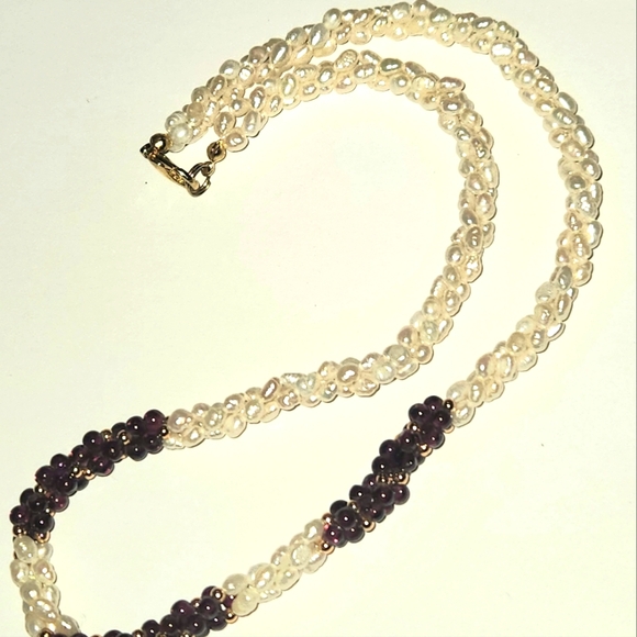 Vintage Garnet & Freshwater Pearl Necklace 3 Twisted Strands - Picture 5 of 5